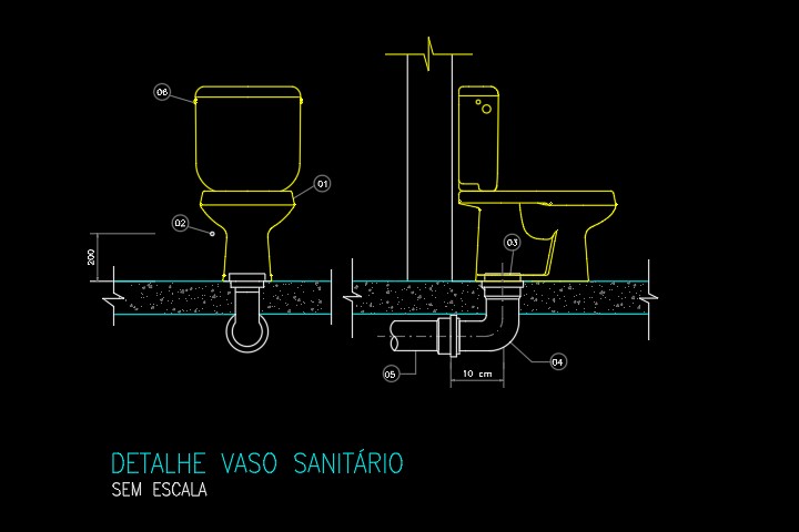 Detalhe em DWG da ligação do vaso sanitário